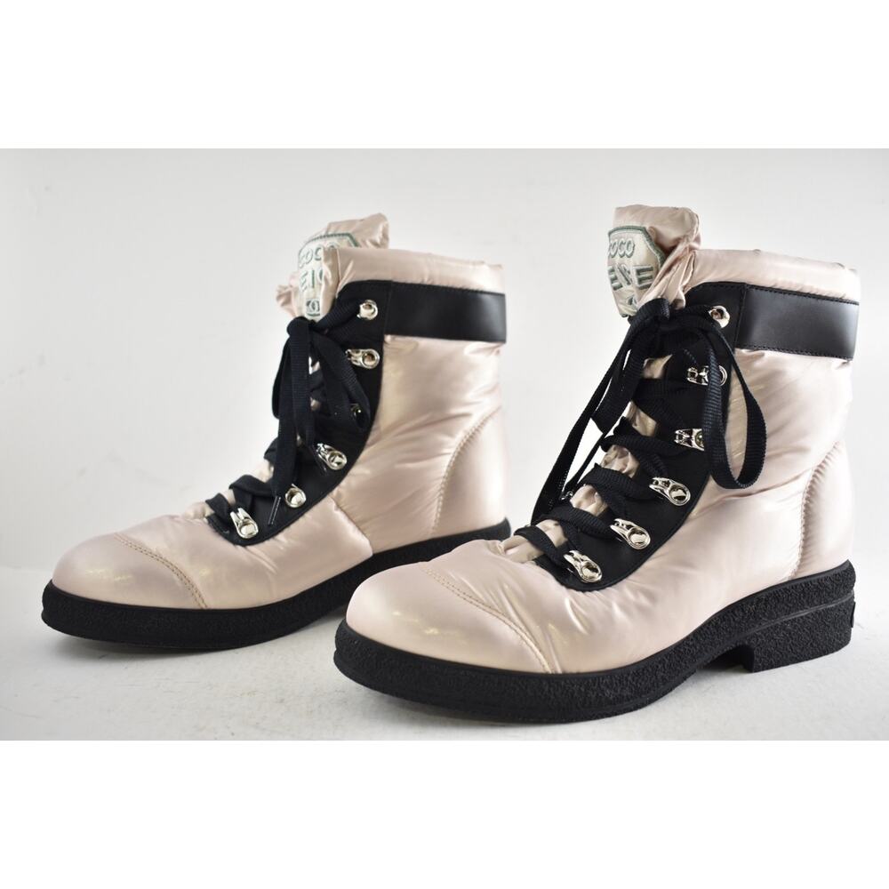 Chanel 18B Coco Neige Pink Black CC Logo Snow Winter Lace Up Tie Combat Boots 37 - Picture 12 of 16